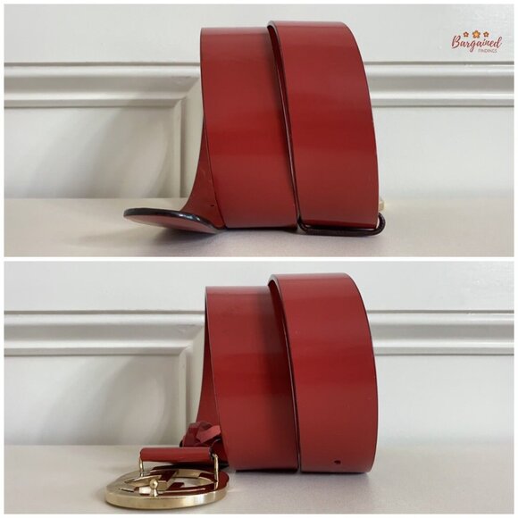 Authentic Gucci Red Coated Leather Gold Interlocking G Buckle Belt 85/34 - Picture 8 of 14